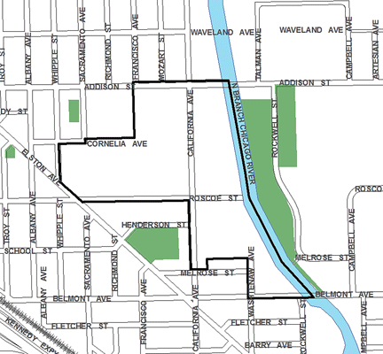 Addison Corridor North TIF district, roughly bounded on the north by Addison Street, Belmont Avenue on the south, the Chicago River on the east, and Elston Avenue at Whipple Street on the west.